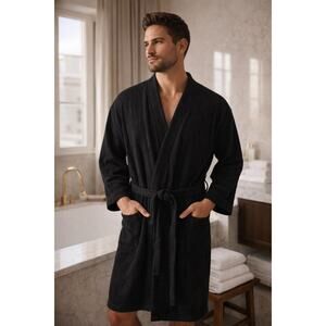 Nautica Black Waffle Weave Bath Robe One Size Cotton Spa Hotel